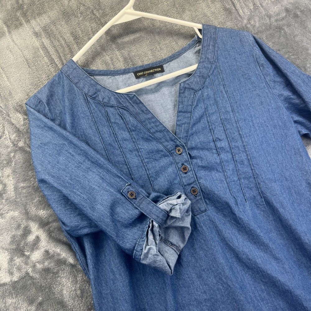 Chic Connection Women Blue Casual Denim Dress Small Roll Tab Sleeve V Neck